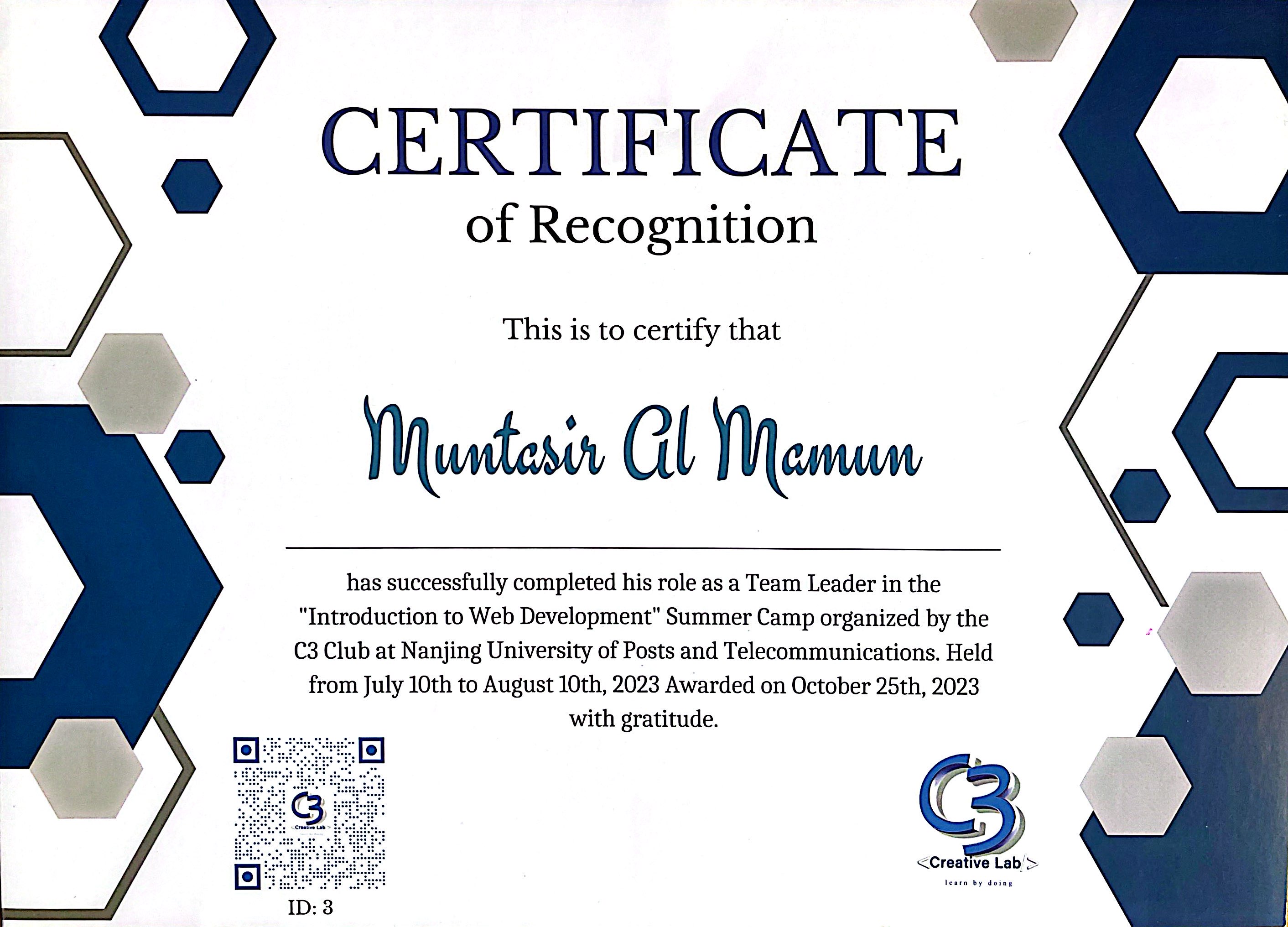 Certificate of C3 Club Summer Camp